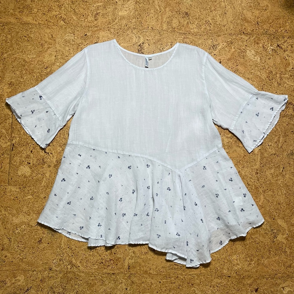 Kleën Ramie Semi-Sheer Light & Airy Oversized Babydoll Tunic Top Pale Gray/ Navy